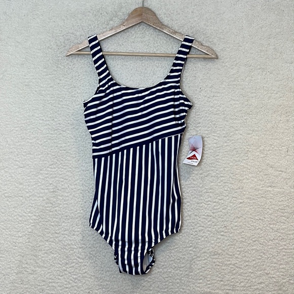 NWT Lands End Womens Tugless Tank Navy Stripes One Piece Swim Suit SIZE 4L - Picture 3 of 8